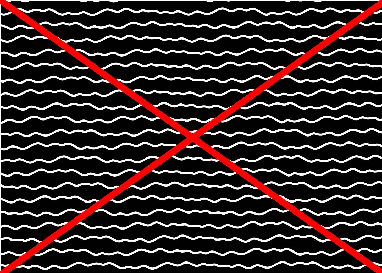 A white ripple pattern against a black background with a red X through it.